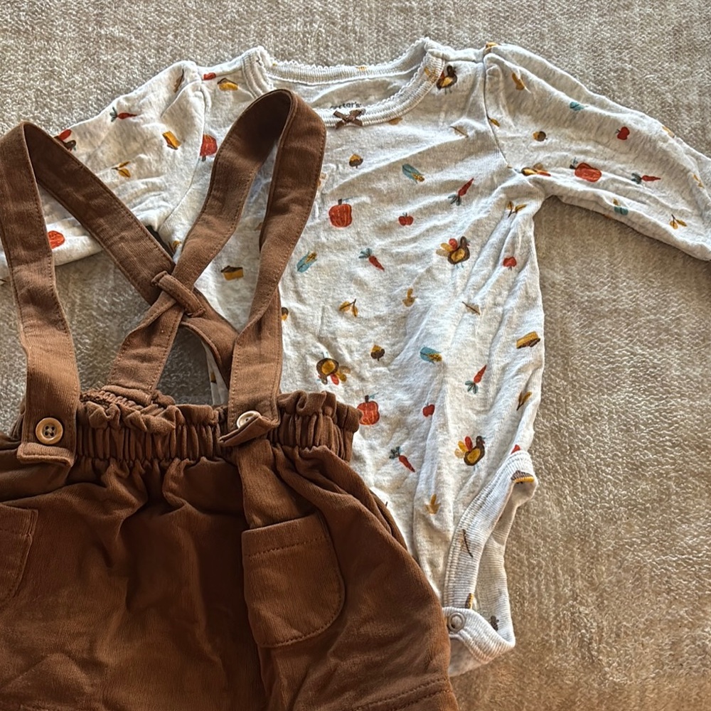 Long Sleeve Fall Turkey Day Onesie with Brown Overall Skirt